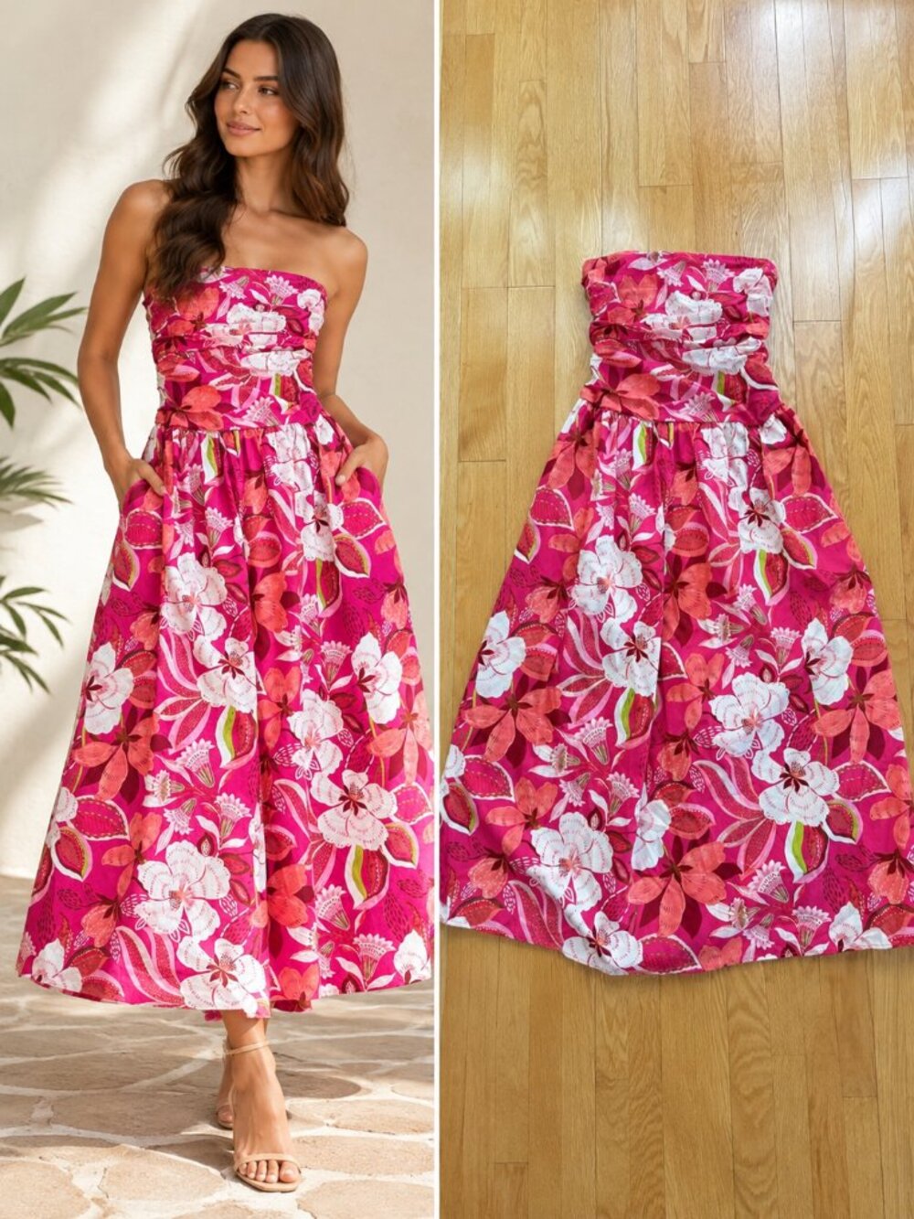 Band of the Free Fuchsia Pink White Floral Smocked Maxi Dress Coquette S